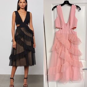 BCBGMAXAZRIA Midi Cutout Tulle Ruffle Dress
